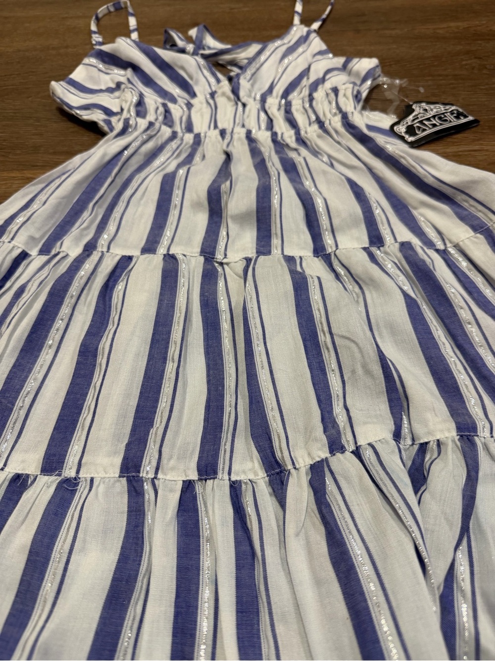 Angie Blue White Striped Tiered Sundress Metallic Lurex Tie Front Boho NWT S - Picture 4 of 9